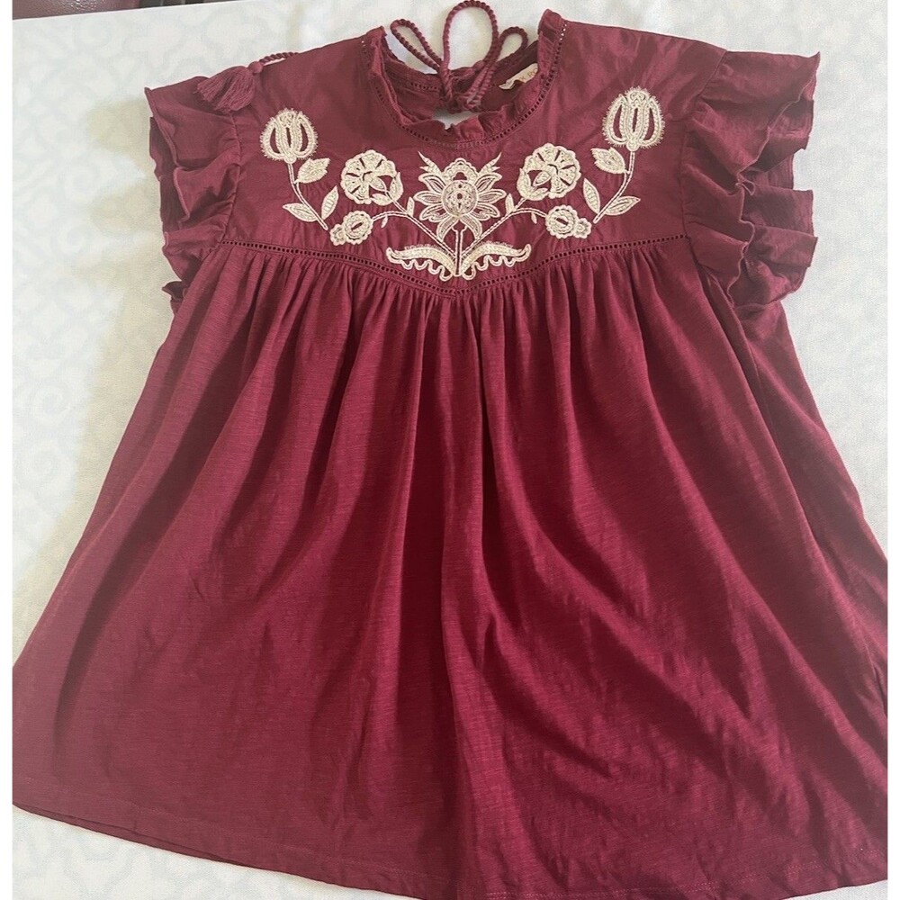 Knox Rose Peasant Top Womens Large Burgundy Flutter Sleeves Embroidery Tassel